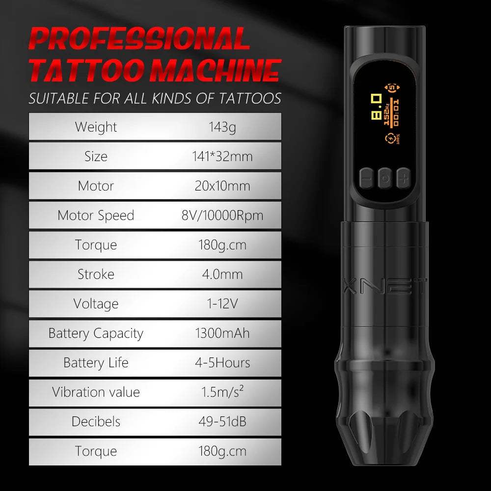 XNET Sage Max 1300mAh Brushless Motor Professional Tattoo Gun 4.0mm Stroke Wireless Tattoo Machine Pen with 28/32mm Grip