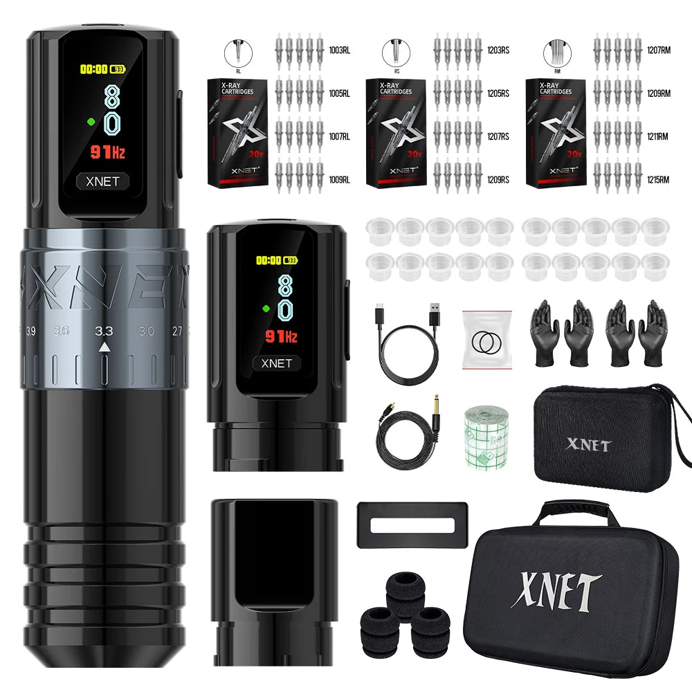 Xnet vipera kit de máquina de tatuagem sem fio curso ajustável 2.4-4.2mm display oled 60 peças cartucho de tatuagem misto para artistas de tatuagem