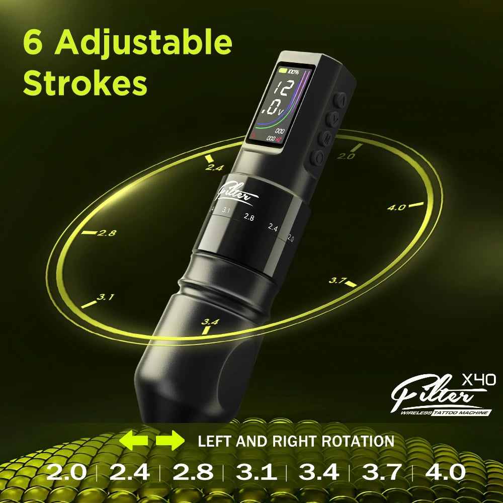 Filtro x40 sem fio máquina de tatuagem caneta 2.0-4.0mm cartucho ajustável pistola de tatuagem motor coreless 1600mah fonte de bateria sem fio