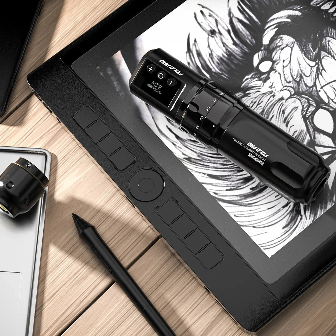 Professional Rotary Tattoo Machine Pen, Dragonhawk Fold Pro, ajustável, 7 Stroke Comprimento, Wireless ou RCA, Two Working Mode
