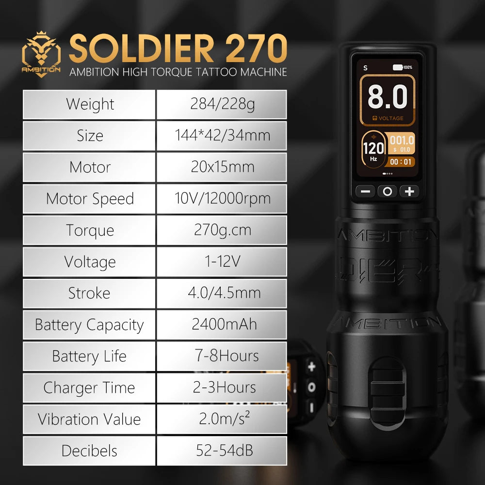Ambition soldier270 máquina de tatuagem sem fio 4.0-4.5mm curso motor sem escova caneta profissional 2400mah bateria aperto 34-42mm