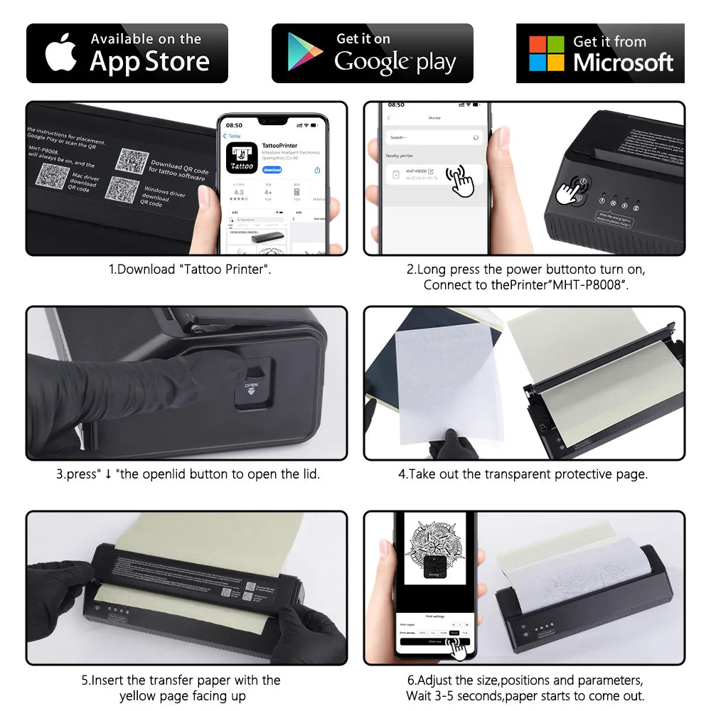 Xnet portátil sem fio impressora de tatuagem transferência térmica bluetooth usb máquina móvel texto pdf documento fabricante com papel