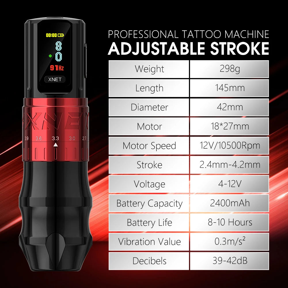 Xnet besta profissional sem fio máquina de tatuagem caneta curso ajustável 2.4-4.2mm display oled 2400mah bateria para artistas de tatuagem