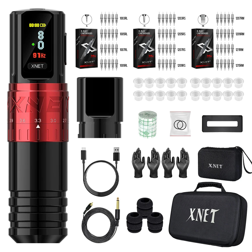 Xnet vipera kit de máquina de tatuagem sem fio curso ajustável 2.4-4.2mm display oled 60 peças cartucho de tatuagem misto para artistas de tatuagem