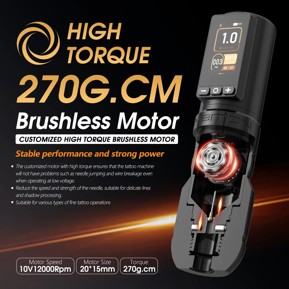 Ambition soldier270 máquina de tatuagem sem fio 4.0-4.5mm curso motor sem escova caneta profissional 2400mah bateria aperto 34-42mm