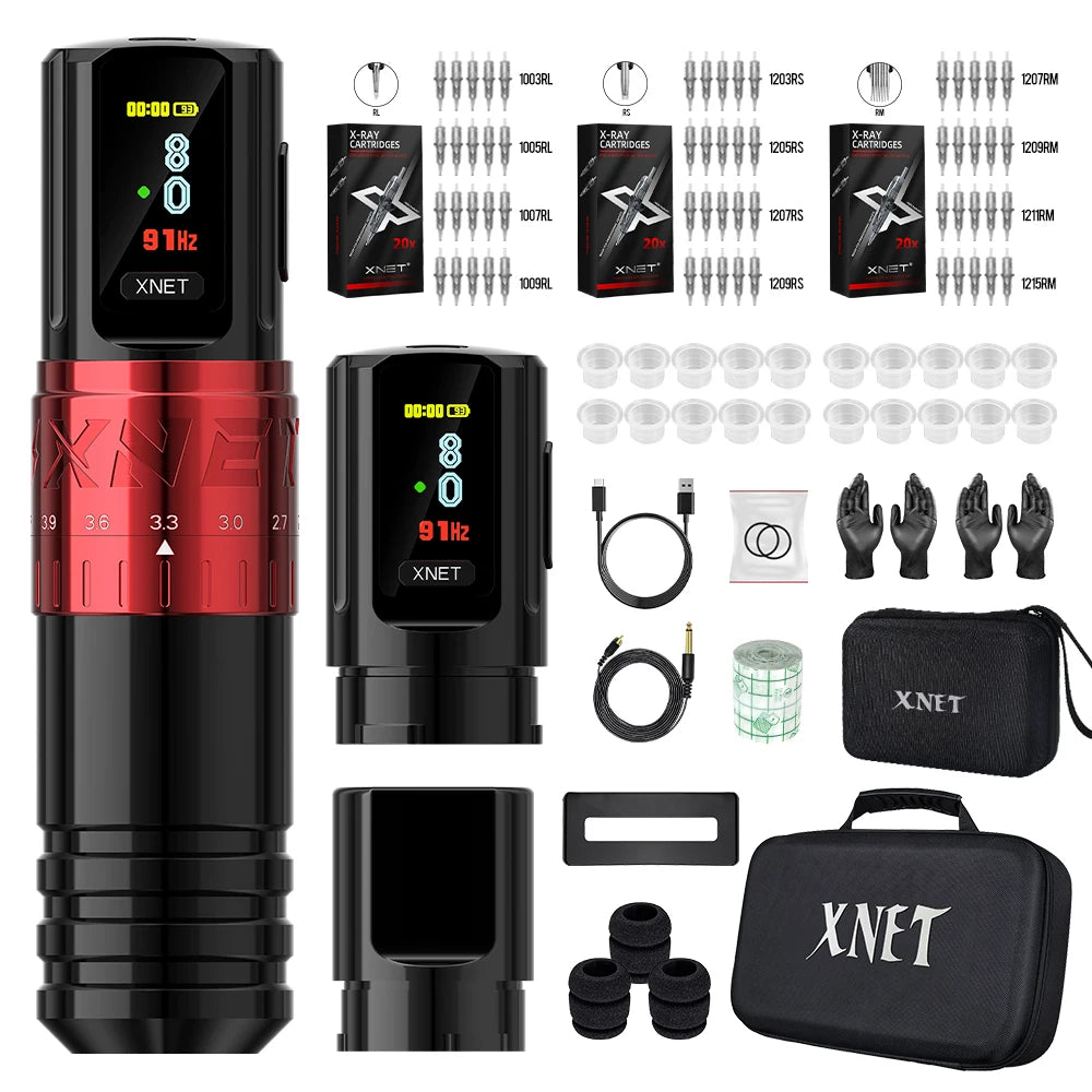 Xnet vipera kit de máquina de tatuagem sem fio curso ajustável 2.4-4.2mm display oled 60 peças cartucho de tatuagem misto para artistas de tatuagem
