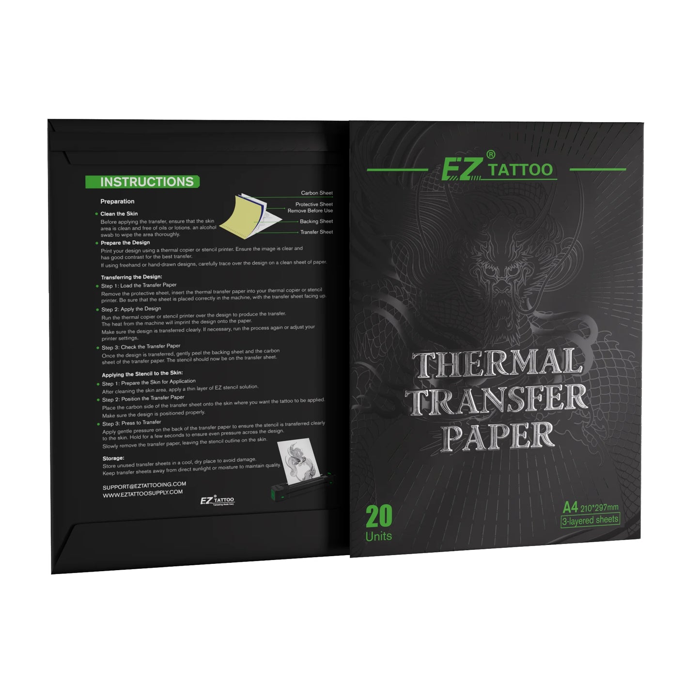 Papel de transferência de tatuagem ez, 20/50 peças, tamanho a4, copiadora térmica, papéis de estêncil para máquina de transferência de tatuagem, acessórios de papel