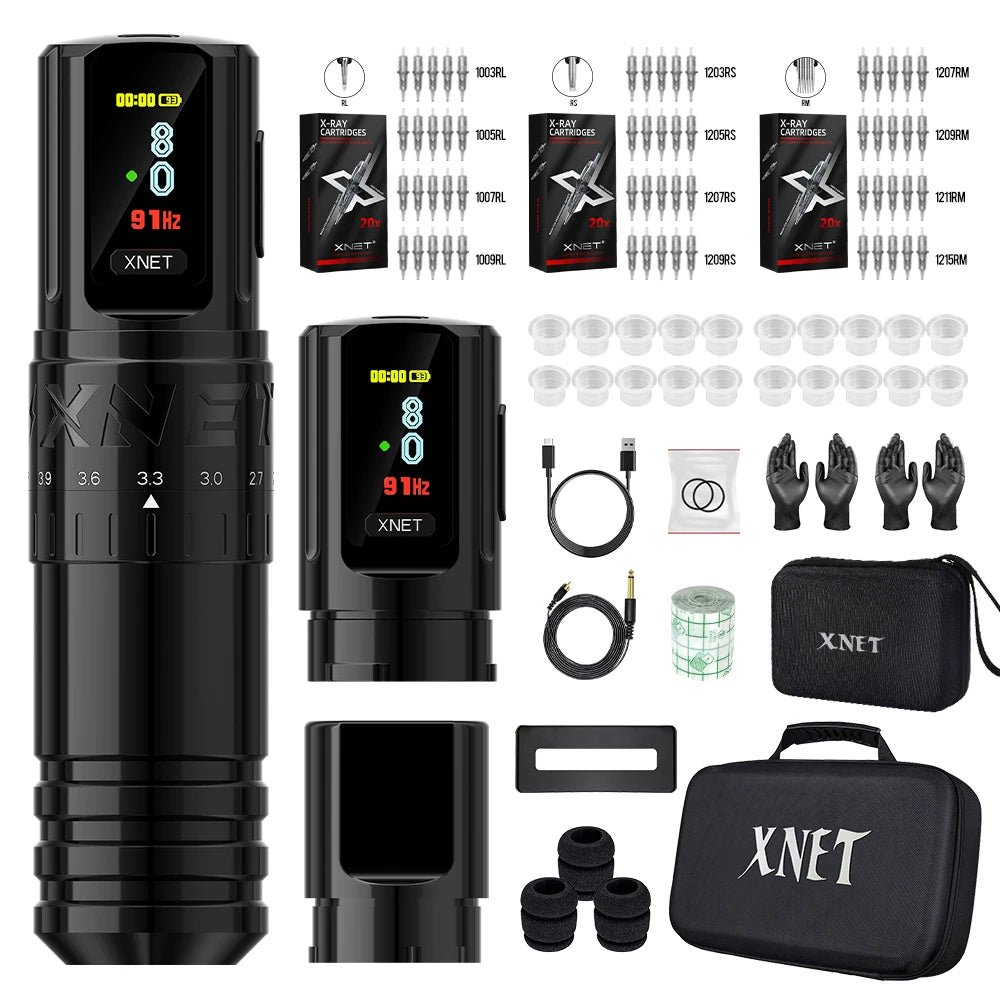 Xnet vipera kit de máquina de tatuagem sem fio curso ajustável 2.4-4.2mm display oled 60 peças cartucho de tatuagem misto para artistas de tatuagem