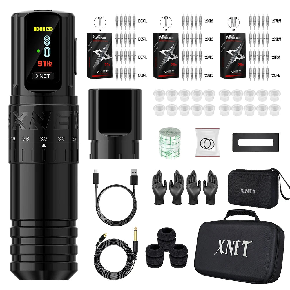 Xnet vipera kit de máquina de tatuagem sem fio curso ajustável 2.4-4.2mm display oled 60 peças cartucho de tatuagem misto para artistas de tatuagem