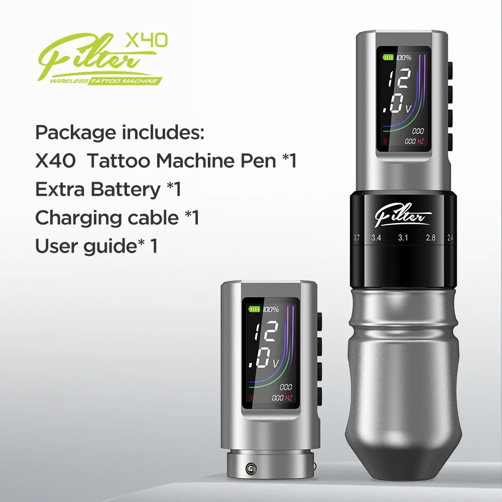 Filtro x40 sem fio máquina de tatuagem caneta 2.0-4.0mm cartucho ajustável pistola de tatuagem motor coreless 1600mah fonte de bateria sem fio