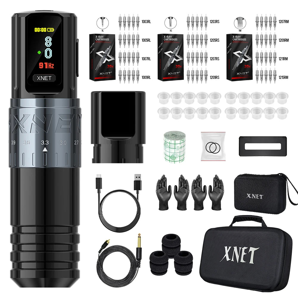 Xnet vipera kit de máquina de tatuagem sem fio curso ajustável 2.4-4.2mm display oled 60 peças cartucho de tatuagem misto para artistas de tatuagem