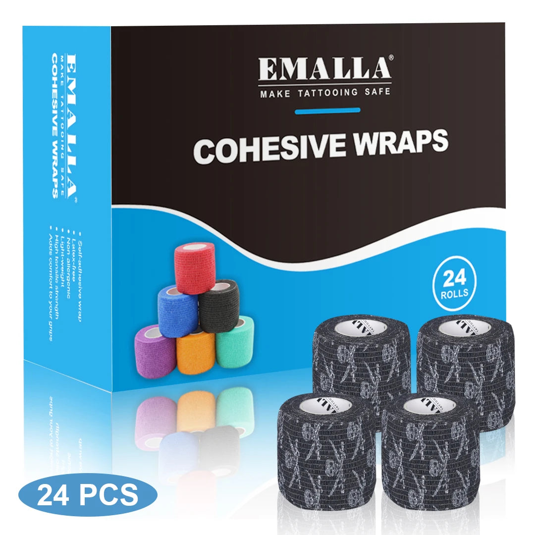 Emalla-bandagem auto-adesiva para tatuagem, capa de proteção, não tecido, impermeável, para dedo e pulso, acessórios de tatuagem, 24 peças