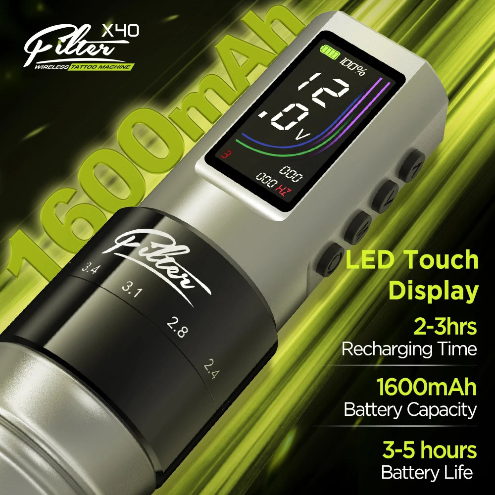 Filtro x40 sem fio máquina de tatuagem caneta 2.0-4.0mm cartucho ajustável pistola de tatuagem motor coreless 1600mah fonte de bateria sem fio