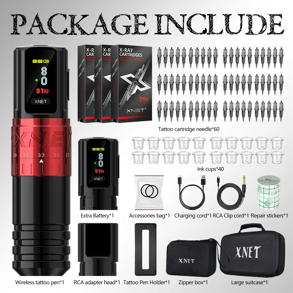 Xnet vipera kit de máquina de tatuagem sem fio curso ajustável 2.4-4.2mm display oled 60 peças cartucho de tatuagem misto para artistas de tatuagem