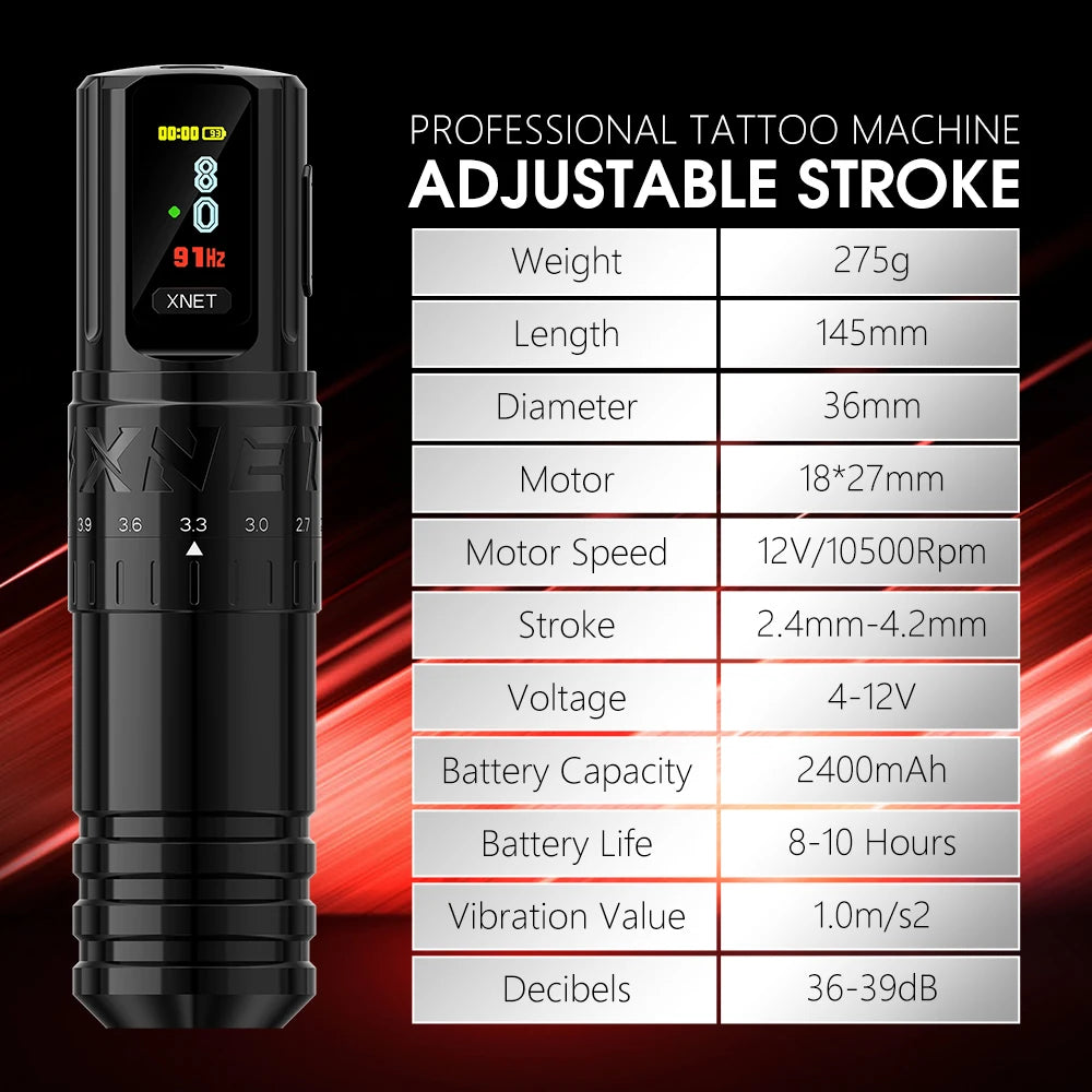 Xnet vipera profissional sem fio máquina de tatuagem curso ajustável 2.4-4.2mm display oled 2400mah bateria para artistas de tatuagem