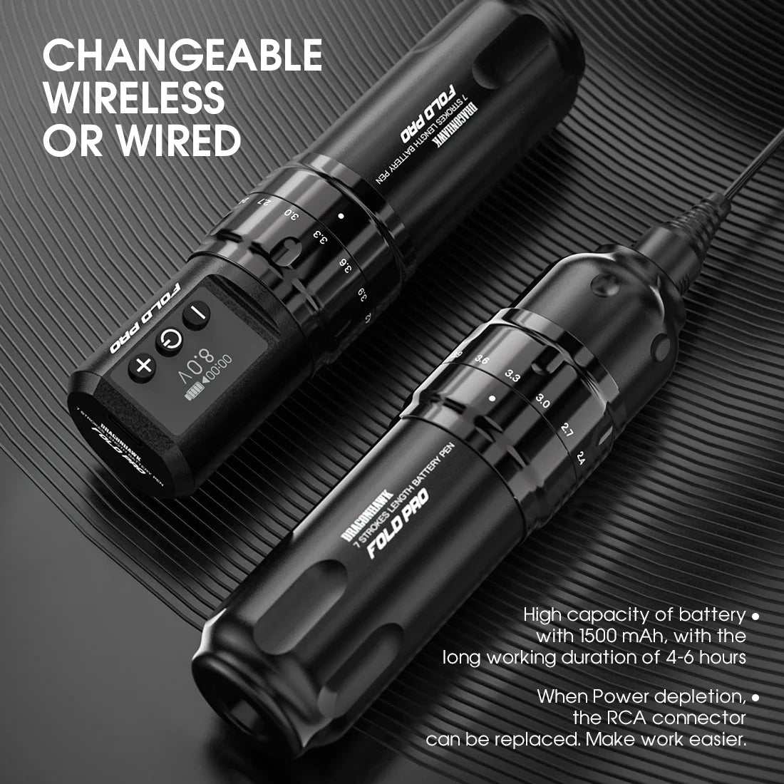 Professional Rotary Tattoo Machine Pen, Dragonhawk Fold Pro, ajustável, 7 Stroke Comprimento, Wireless ou RCA, Two Working Mode