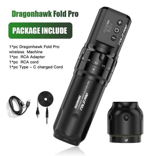 Professional Rotary Tattoo Machine Pen, Dragonhawk Fold Pro, ajustável, 7 Stroke Comprimento, Wireless ou RCA, Two Working Mode