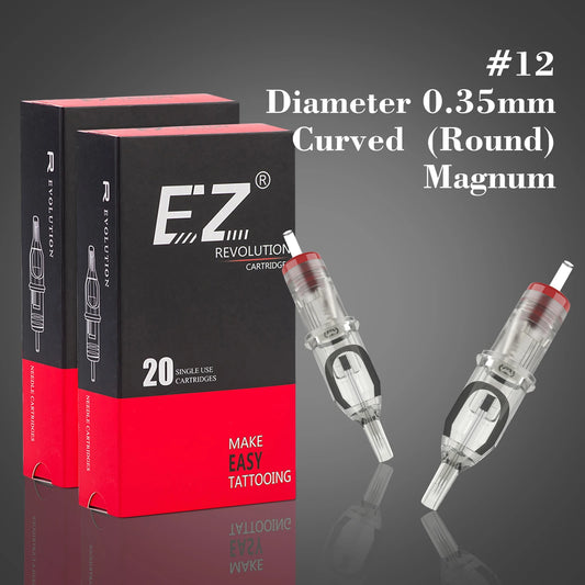 Cartucho de agulhas de tatuagem EZ Revolution Magnum curvado redondo Magnum #   12 (0,35 mm) Cone longo 5,5 mm Fornecimento de tatuagem 20 unidades/caixa