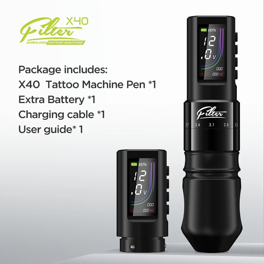 Filtro x40 sem fio máquina de tatuagem caneta 2.0-4.0mm cartucho ajustável pistola de tatuagem motor coreless 1600mah fonte de bateria sem fio