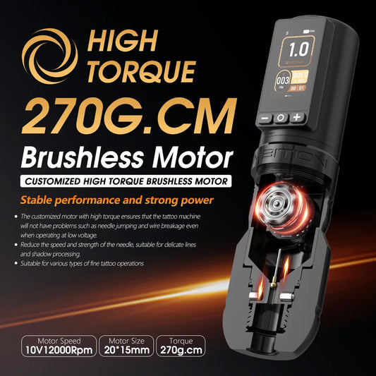 Ambition soldier270 máquina de tatuagem sem fio 4.0-4.5mm curso motor sem escova caneta profissional 2400mah bateria aperto 34-42mm