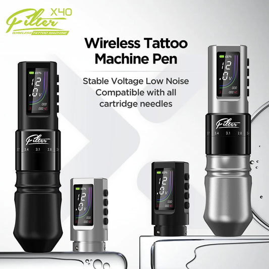 Filtro x40 sem fio máquina de tatuagem caneta 2.0-4.0mm cartucho ajustável pistola de tatuagem motor coreless 1600mah fonte de bateria sem fio
