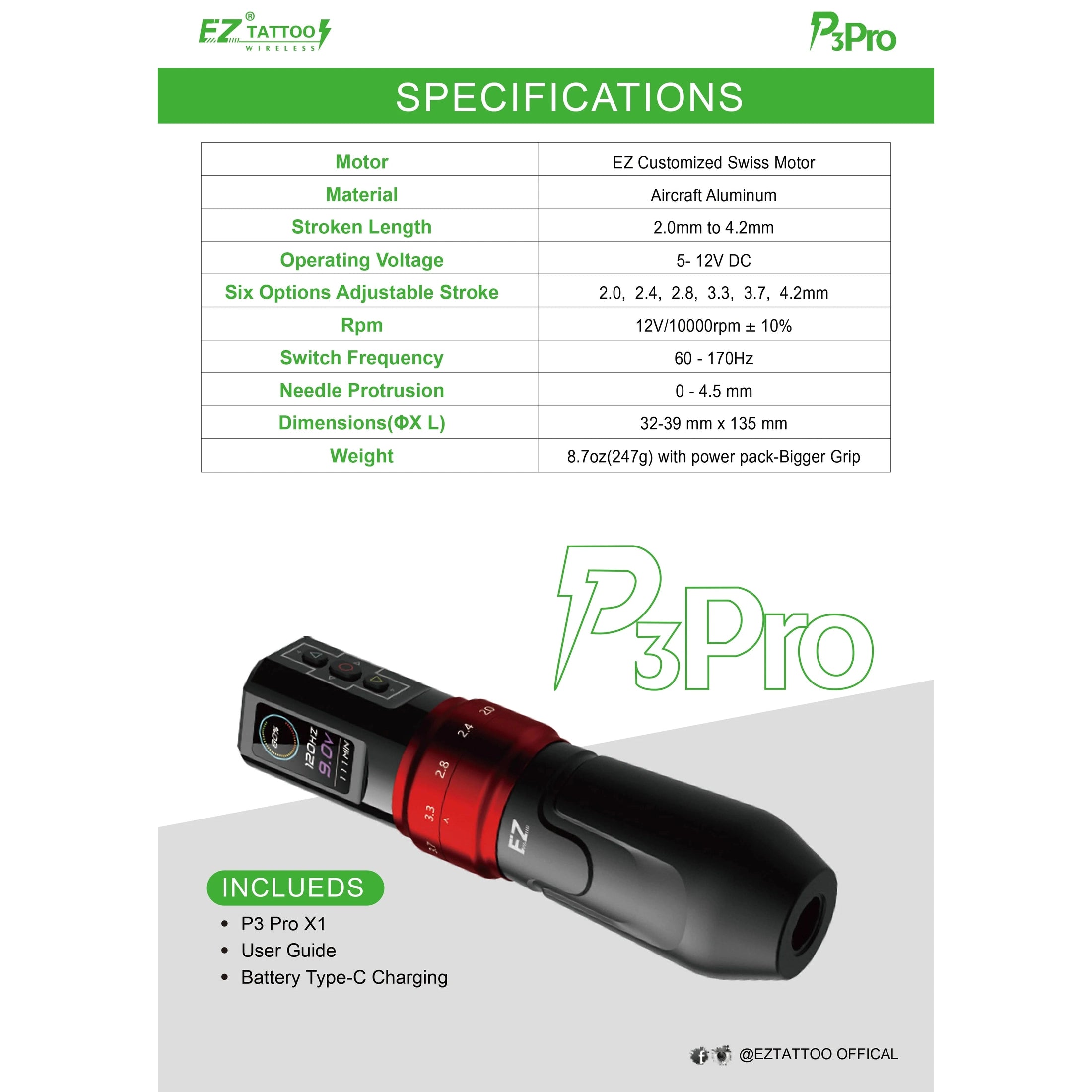 EZ P3 Pro Cordless Tattoo Machine • Adjustable Stroke and Pro Performance